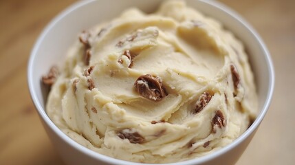 Creamy mashed potatoes with raisins in a white bowl.