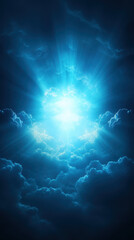 Bright blue light shining through dark clouds creates mystical
