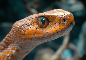 Close-Up View of a Beautiful Orange Scaled Snake with Striking Eyes Captured in Natural Habitat Showcasing Intricate Patterns and Textures