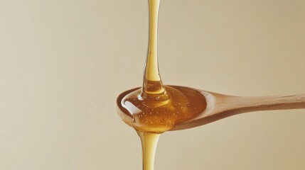 Golden Honey Flowing into Wooden Spoon: A Viscous Delight