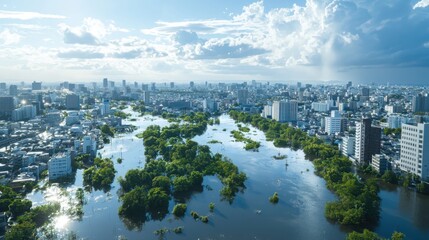 Naklejka premium Disaster risk reduction initiative featuring early warning systems in urban flood zones aerial view environmental awareness