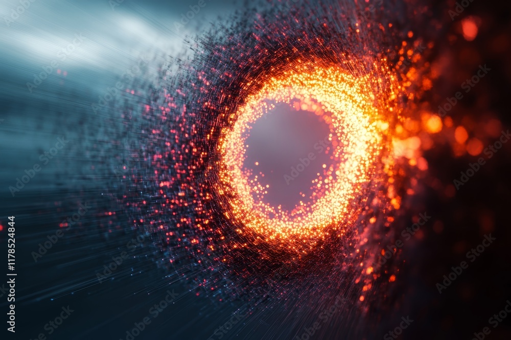 Poster explore a stunning digital visualization of data flow, featuring dynamic particle animations in vibr