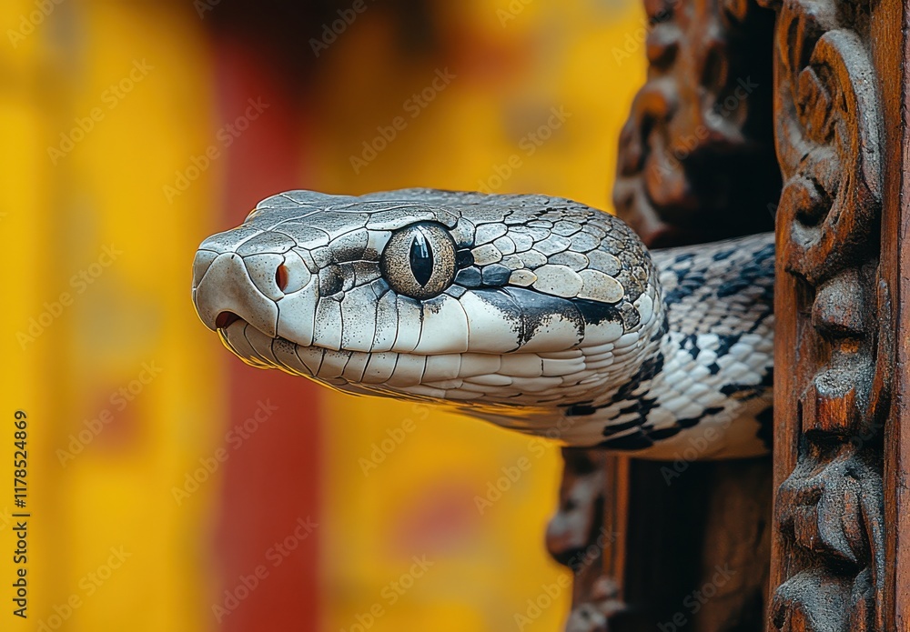Poster close-up view of a beautiful snake with intricate scales and distinctive features against a vibrant 