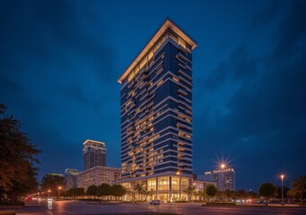 Modern skyscraper illuminated at dusk in a vibrant urban landscape