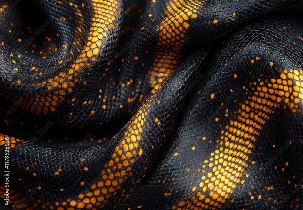 Aufkleber close-up view of a black and orange textured fabric with abstract patterns resembling a snake skin s