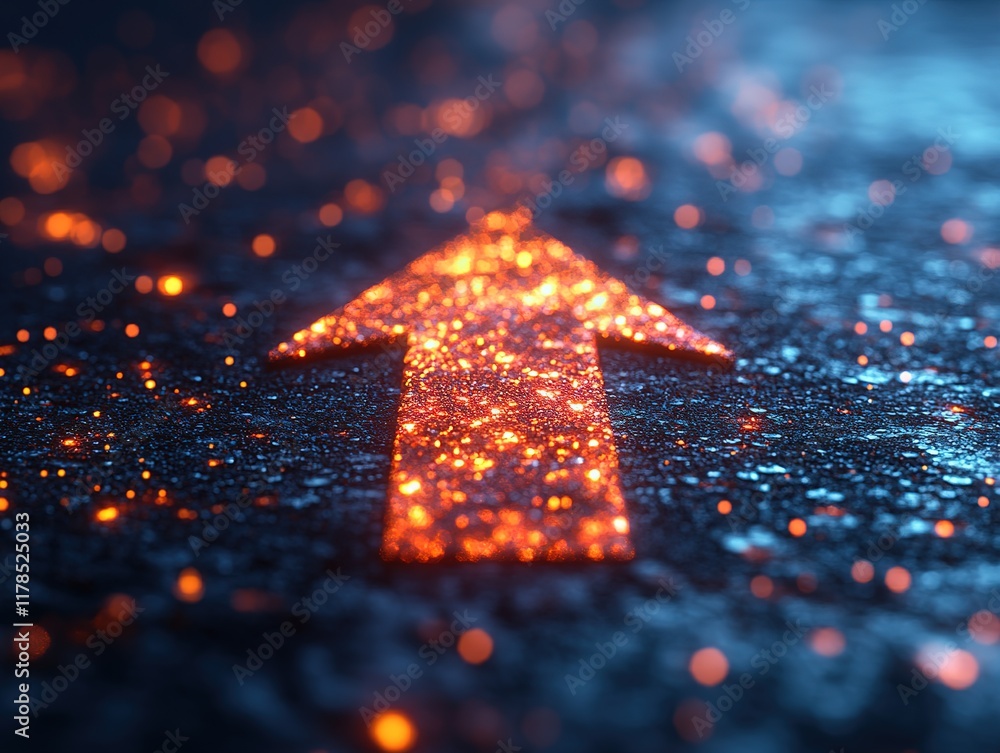 Poster glowing upward arrow on sparkling surface with bokeh background.