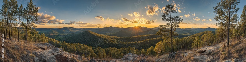 Poster a panoramic view of a forest with a sun setting in the background