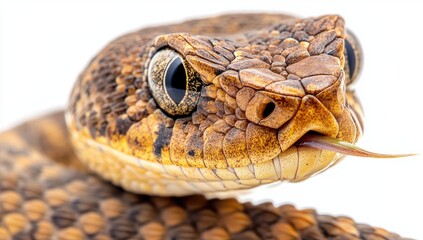 Fototapeta premium Close-Up View of a Brown and Yellow Patterned Snake with a Forked Tongue and Captivating Eyes Against a Simple Background