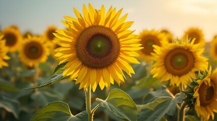 Obraz premium Golden Hour Sunflower Field: A Single Sunflower Stands Tall, Basking in the Sunset's Warm Glow