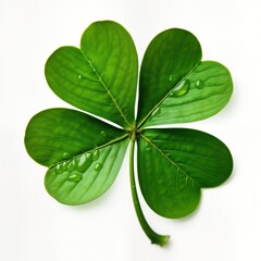 Closeup view of four-leaf clover. Fresh vibrant green color. Symbol of Saint Patricks day. Isolated on white background. Ideal for cards, invitations, posters. Lucky charm. Good fortune. Perfect for