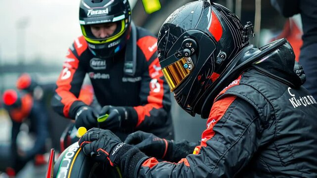 Intense Pit Stop: Formula 1 Racing Team Members Preparing for High-Speed Action in Rainy Conditions
