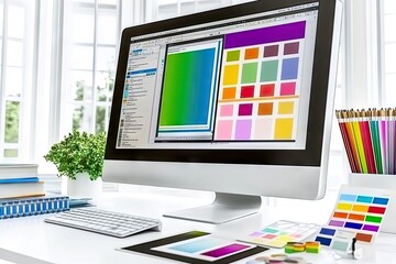 A modern workspace with a computer displaying color palettes and design tools.