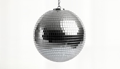 Fototapeta premium Shiny silver disco ball hangs on transparent background. Stylish metallic orb sparkles, gleams. Perfect decoration for party nightclub. Modern disco ball reflects light in shimmering way. Great for