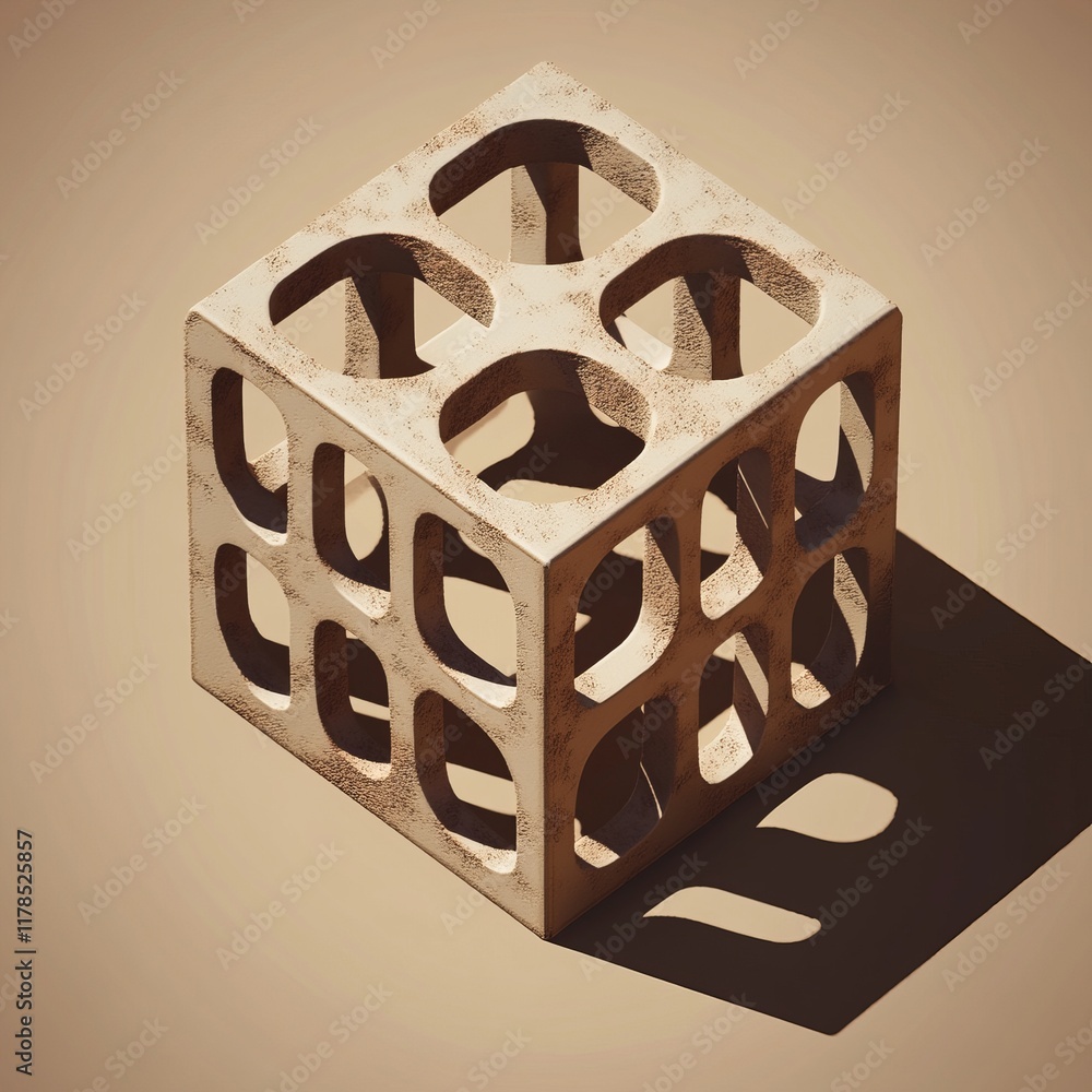 Poster a geometric concrete cube casting intricate shadows on a beige background, showcasing minimalist des