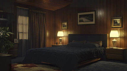 Cozy retro style bedroom with dark velvet bedspread and warm lighting