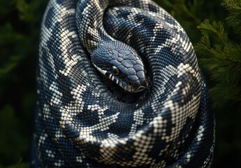 Obraz premium Close-up View of a Strikingly Patterned Blue and Black Snake Coiled Among Lush Green Foliage, Showcasing Its Intricate Scales and Captivating Eyes