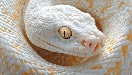 Fototapeta premium Close-up View of a Stunning White Snake Showcasing Intricate Scales and Unique Eye Features, Highlighting the Beauty of Nature and Reptilian Species in a Serene Setting