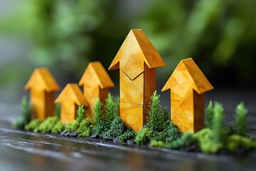 Naklejka premium Gold arrows rising from moss on wood, blurred green background.