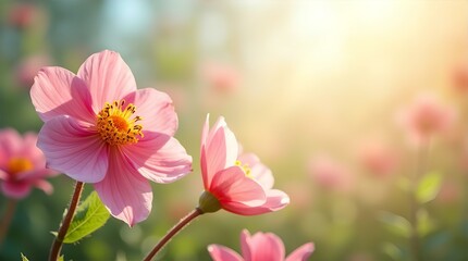 Fototapeta premium Two Delicate Pink Dahlias Basking in Golden Sunlight, Close-up View, Soft Focus Background