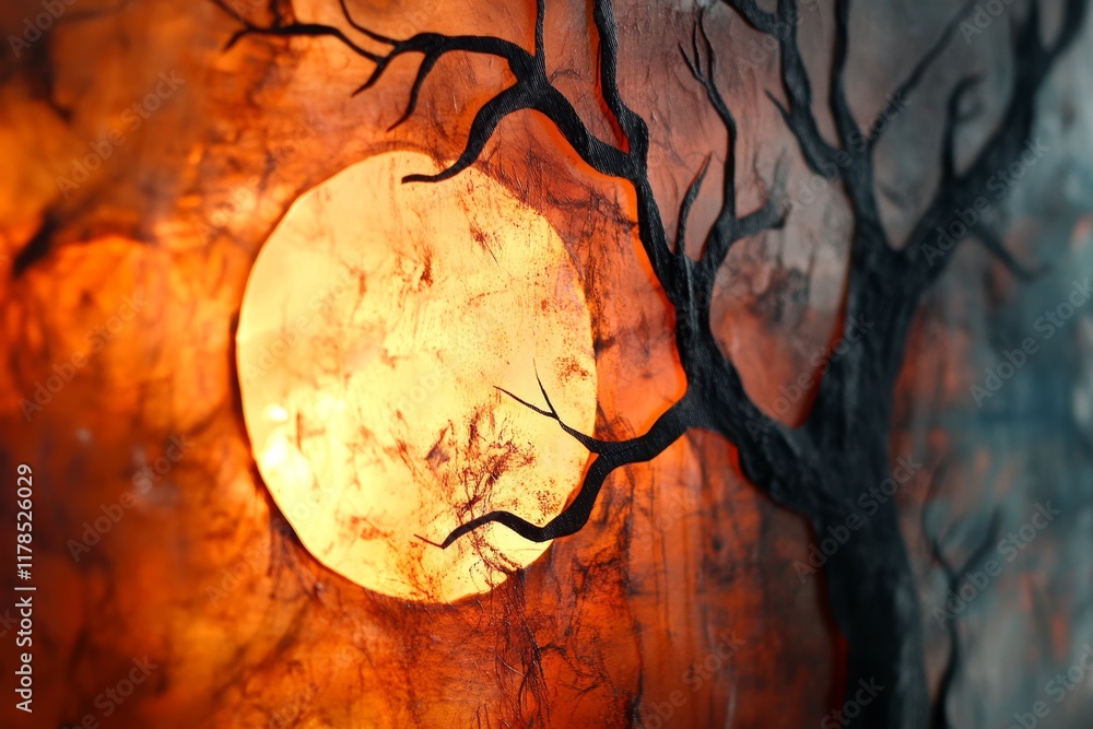 Poster a captivating artistic rendering of a sunset featuring a silhouetted tree with intricate branches ag