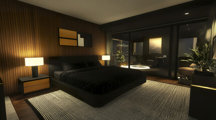 Fototapeta premium Modern bedroom with sleek dark furniture and retro accents