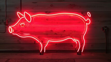 Red Neon Pig Sign on Wood