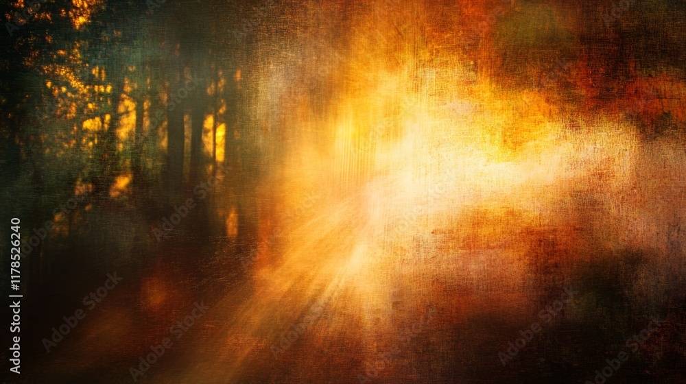 Poster an ethereal abstract representation of light illuminating a serene setting, featuring warm tones and