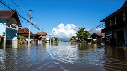 Fototapeta premium Flood disaster risk reduction program affected urban area informational content clear skies aerial viewpoint community resilience concepts