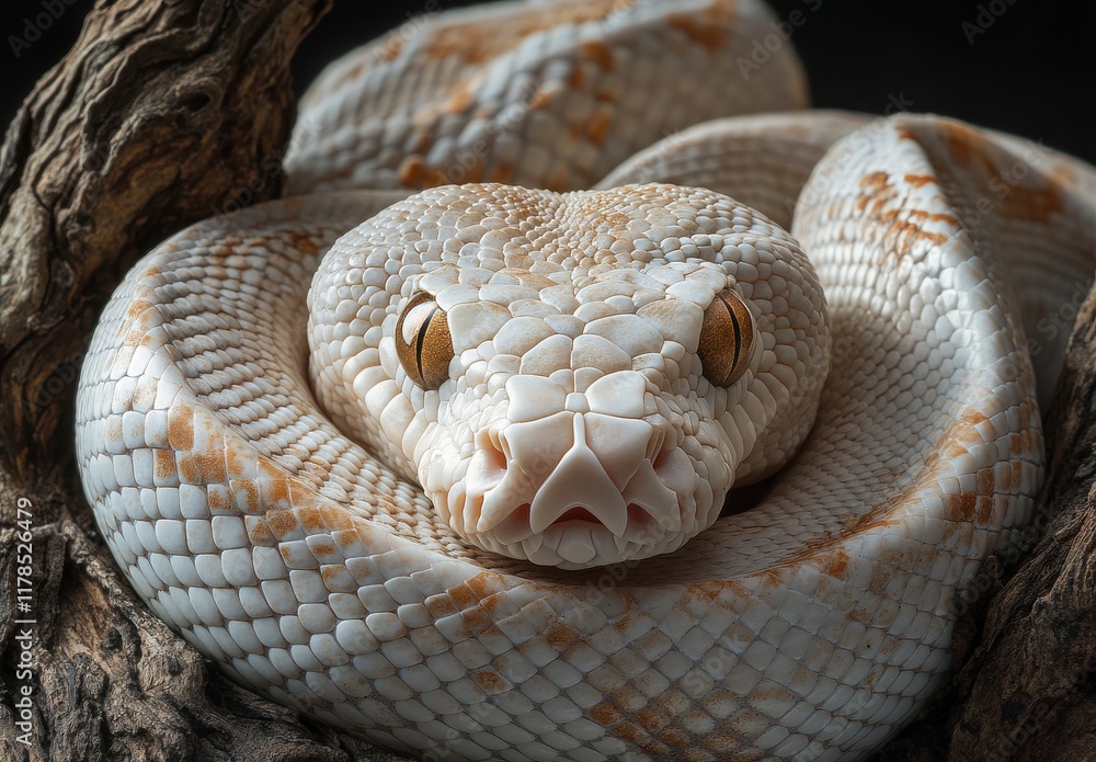 Poster close-up view of a white and tan snake coiled on twisted branch, highlighting its unique scales and 
