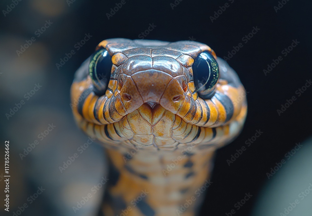 Poster close-up view of an exotic snake with striking patterns and bright eyes, highlighting the intricate 