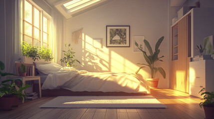 Fototapeta premium Bright and airy bedroom with white walls and soft skylight illumination