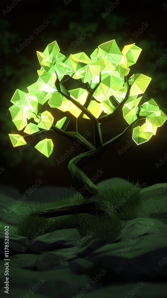 Poster a tree made of small cubes is lit up in the dark. the tree is surrounded by rocks and grass