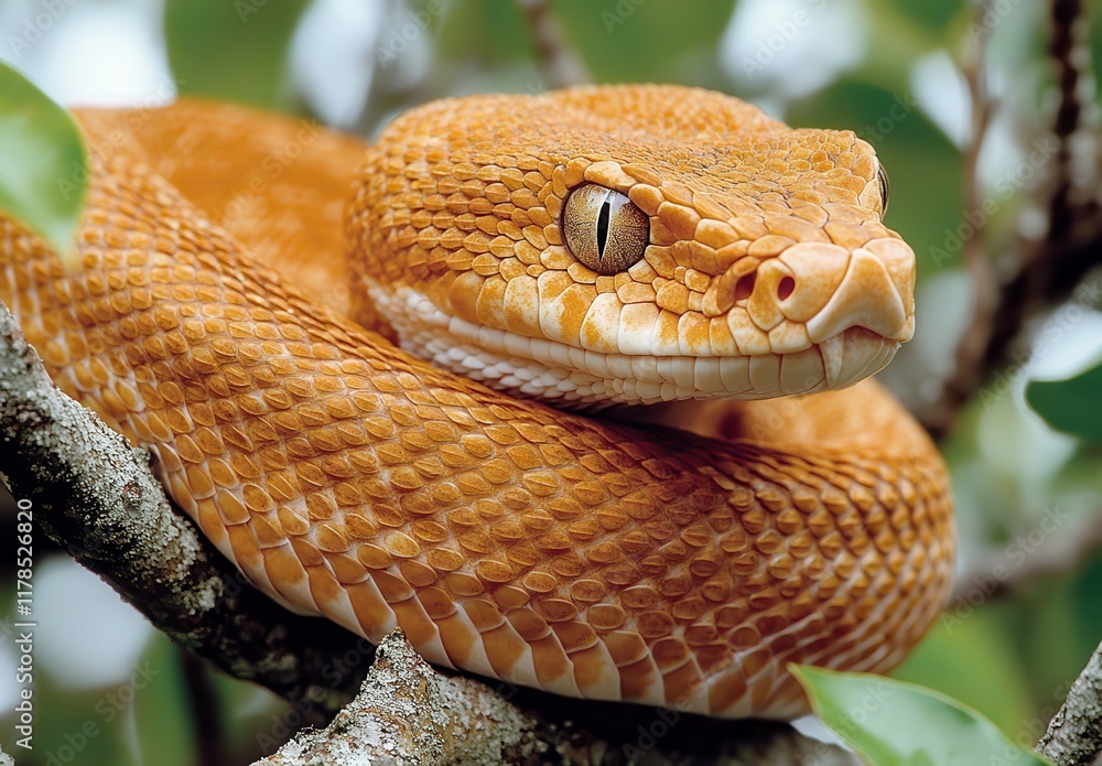 Poster close-up view of an orange python snake coiled on a tree branch surrounded by green leaves in a natu