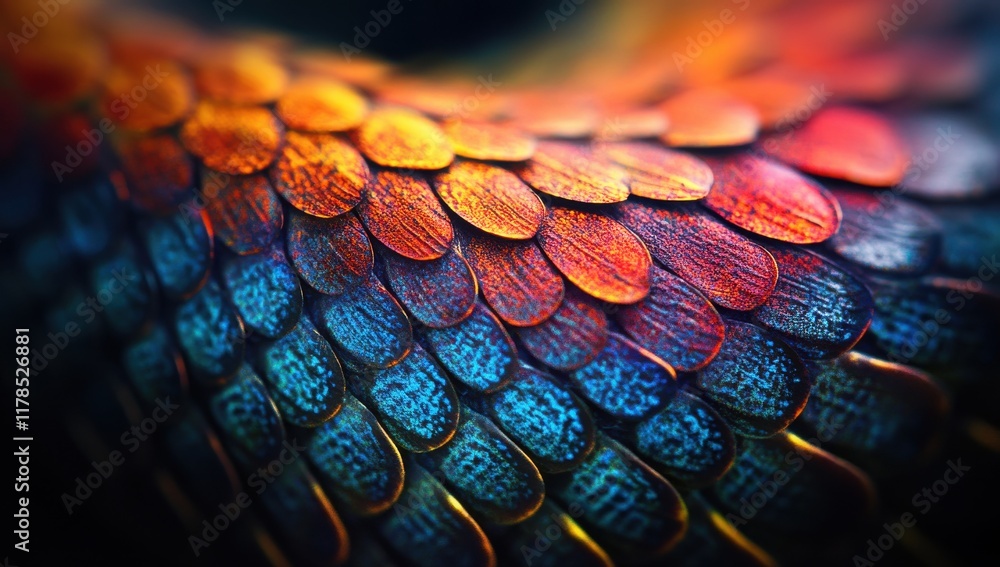 Poster close-up view of colorful fish scales with intricate patterns and textures showing vibrant hues of b