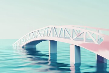Obraz premium A bridge is shown in the water with a pinkish hue. The bridge is white and has a pinkish tint