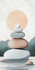 Peaceful stacked stones with a mountain backdrop and soft sunlight, ideal for meditation and zen themes.