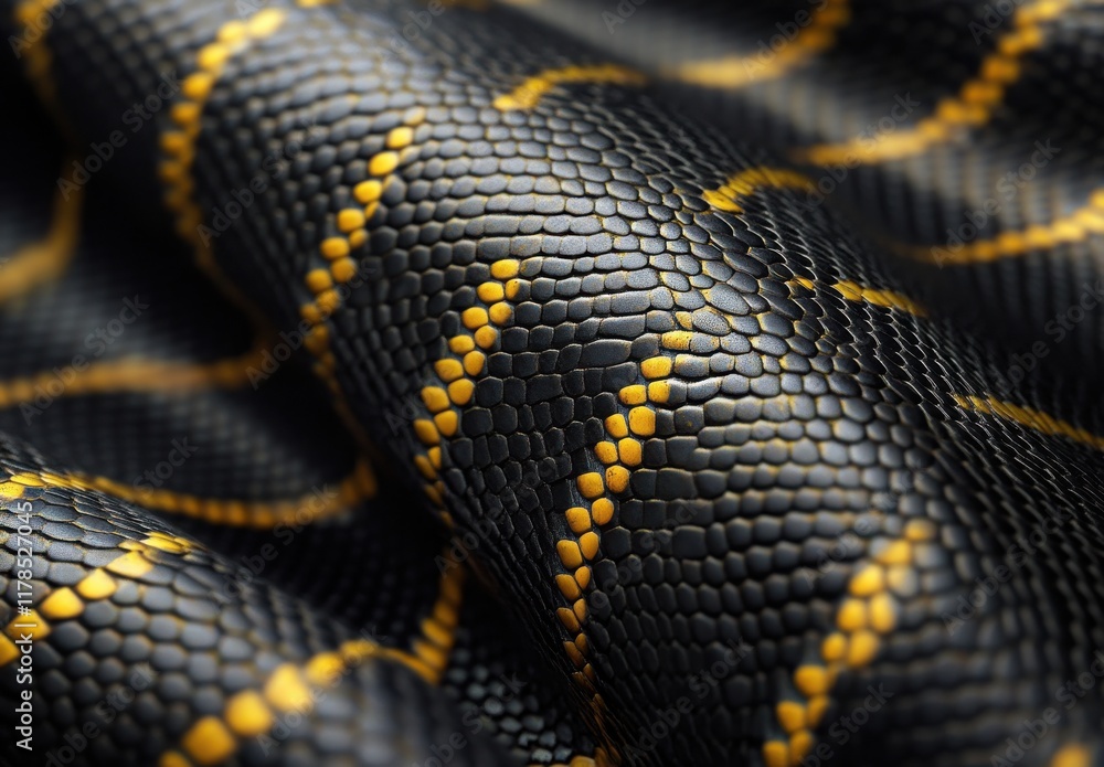 Poster close-up view of exotic snake skin with distinctive black and yellow patterns on a textured surface,