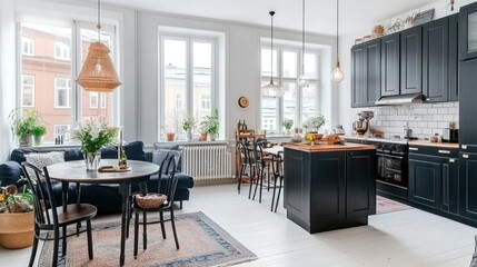 Bright open-plan apartment with dark kitchen, dining area, and living space.