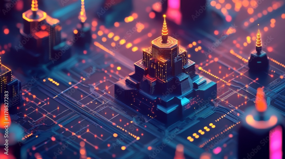 Poster a vibrant isometric graphic showcasing a digital network featuring data points and illuminated struc