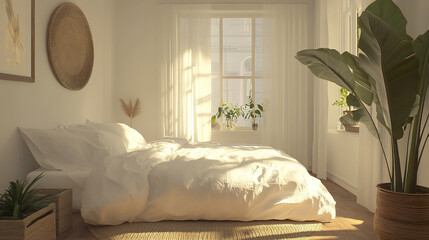 Bright and simple bedroom with white bed and soft layers
