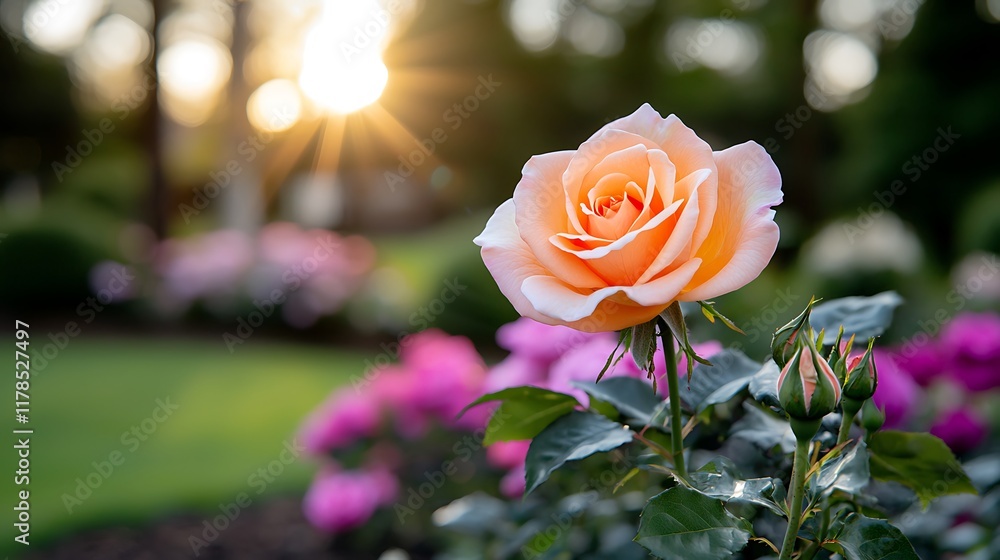 Canvas Prints Peach rose blooming at sunset in a garden.