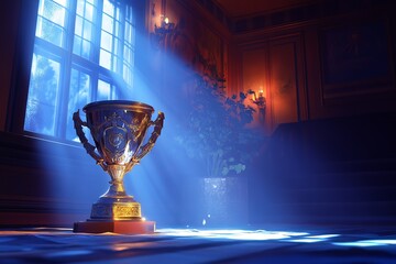 A beautifully crafted trophy stands under soft, dramatic lighting, creating an atmosphere of elegance and grandeur in a refined indoor space.