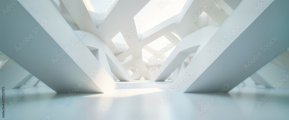 Poster Abstract modern architecture interior. White structures intersect, create complex shapes. Soft light illuminates space creating subtle shadows, reflections on floor. Geometric patterns, sleek lines