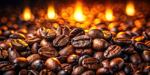 Obraz premium Night Coffee Bean Photography: Dark Roasted Coffee Beans, Illuminated Close-Up
