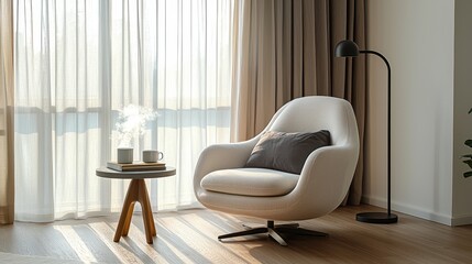 Serene Modern Living Room Comfortable Armchair Coffee Table and Sunlight Streaming Through Sheer