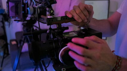 Video camera. Studio equipment. Closeup professional filming broadcast modern device technology....