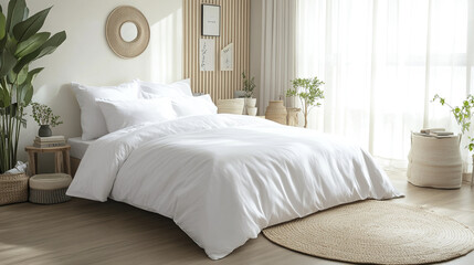 Bright luxury bedroom with sleek king sized bed and crisp linens