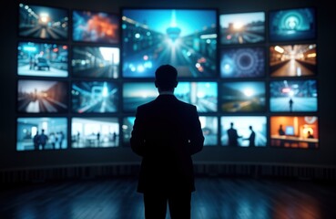 Businessman observes diverse media displays. Screens show various scenes. Man stands in tech center. Interactive tech concept. Business environment. Man watches screens. Media tech concept. Digital