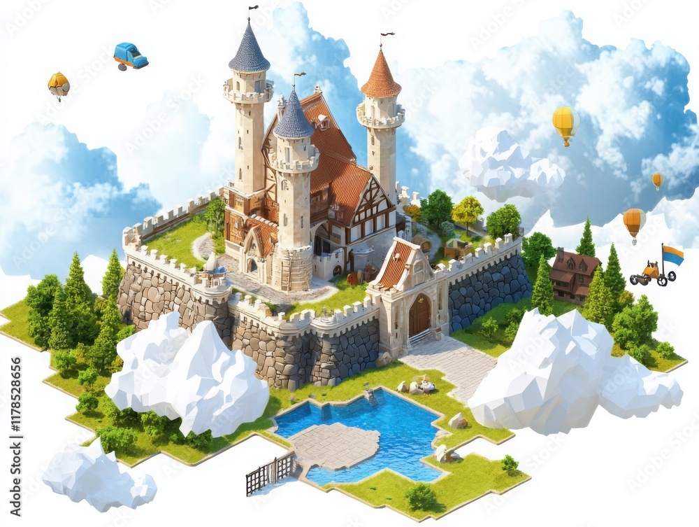 Poster gamified learning adventure fantasy castle elearning program virtual environment aerial view interac