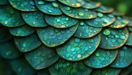 Obraz premium Close-up View of Vibrant Green Scales with Water Droplets Glimmering in Natural Light, Showcasing Glossy Texture and Intricate Patterns Found in Nature